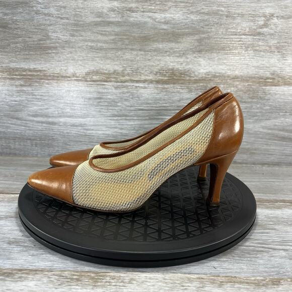 RALPH LAUREN Women’s Purple Label Mesh Brown Leather Pumps Size 8 Made in Italy - Picture 1 of 9